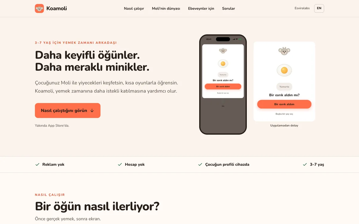 Koamoli web sitesinin masaüstü görünümü
